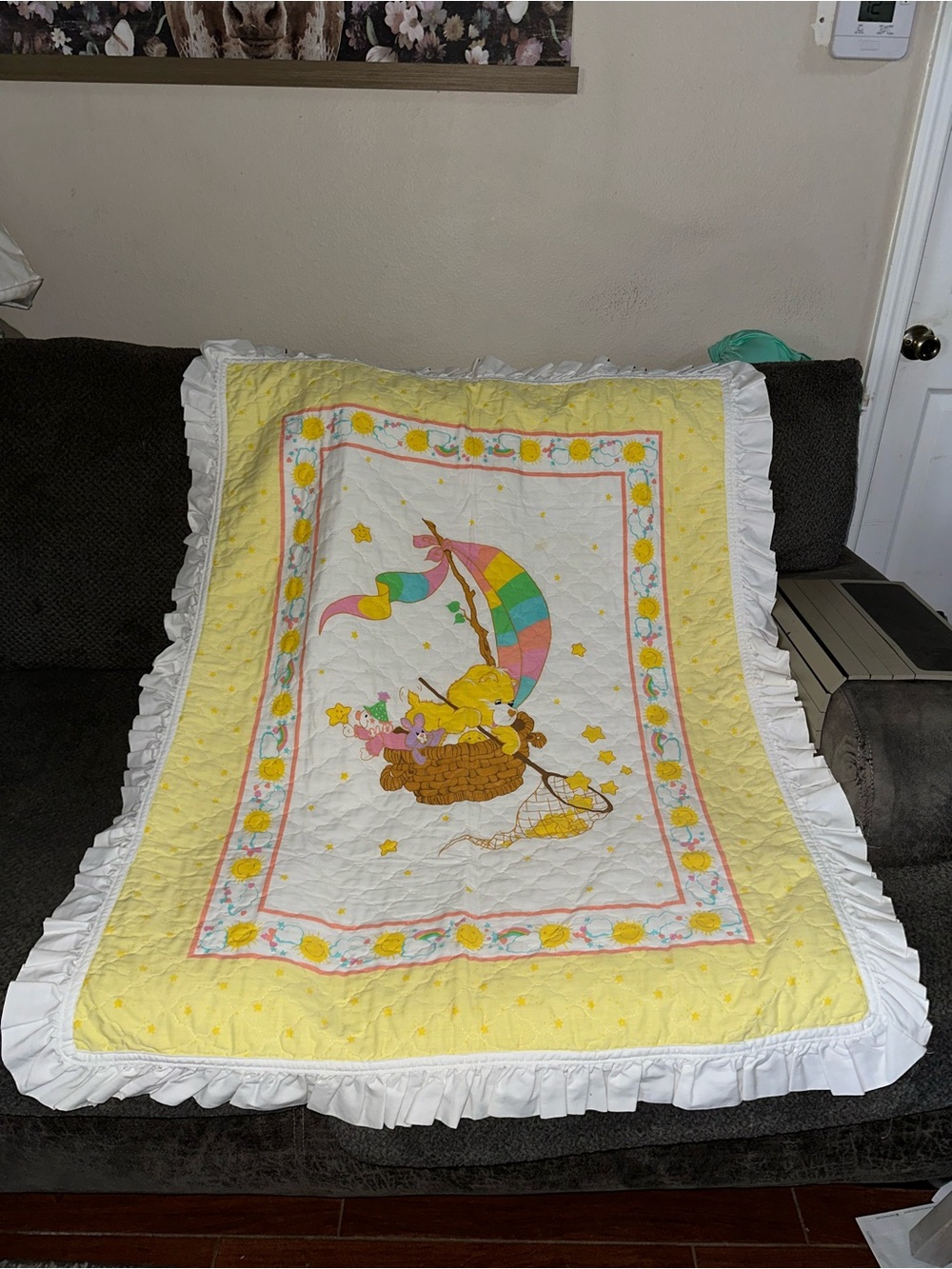 Vintage Handmade Care Bears Crib Quilt 1980's